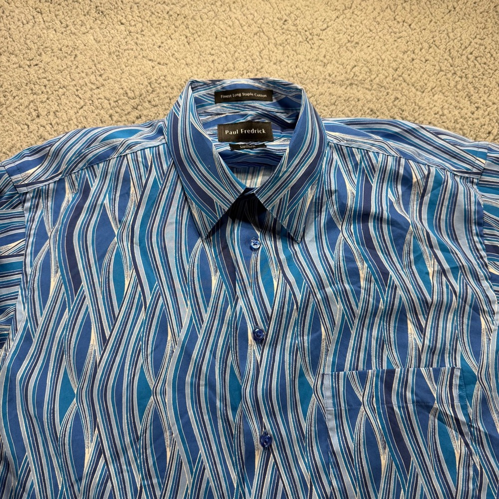 Paul Fredrick Mens Blue Abstract Wavy Stripe Cotton Button Down Shirt Large L